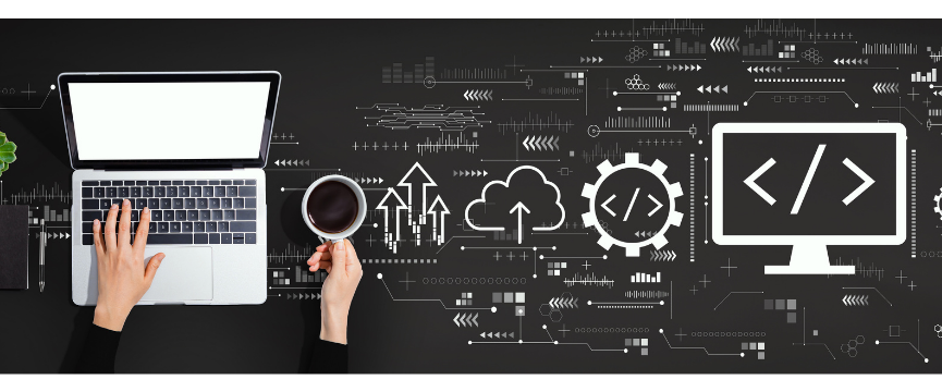 A laptop in the background with small graphics representing the optimisation process